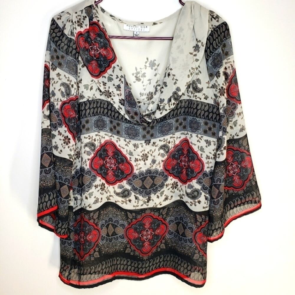 August Silk Options Floral V Neck Sheer Top Small
